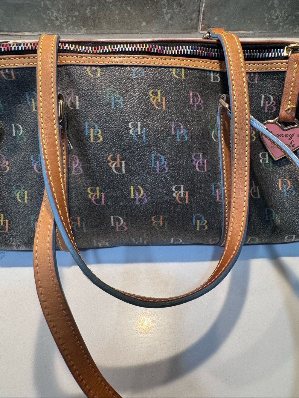 Dooney & Bourke Multicolor DB Monogram Bowler Shoulder Bag Heart Charm - Picture 4 of 15